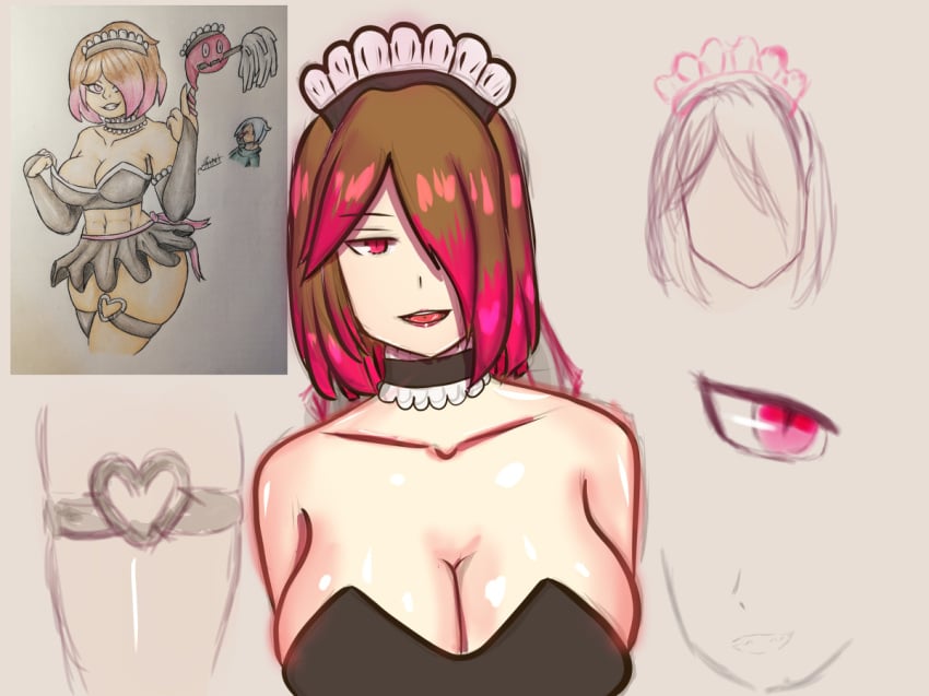 1girls bete_noire choker cleavage digital_media_(artwork) female glitchtale hair_over_eye hair_over_one_eye large_breasts maid maid_headdress nipple_slip not_paint pink_eyes pink_hair pink_highlights short_hair sketch slit_pupils smiling undertale undertale_fanfiction yazu_(artist) yazuel_aliel