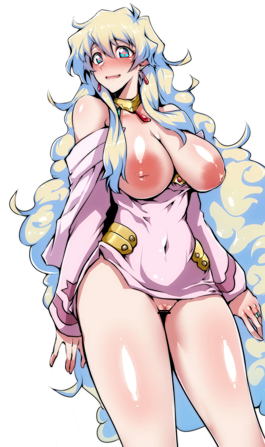 areolae bare_shoulders blue_eyes blush censor_bar censored clothing dress earrings embarrassed female gggg hair_between_eyes highres inverted_nipples jewelry large_areolae large_breasts long_hair looking_at_viewer multicolored_hair navel nia_teppelin nipples no_bra no_panties open_mouth pussy ring smile solo_female symbol-shaped_pupils tengen_toppa_gurren_lagann thick_thighs wedding_ring white_background