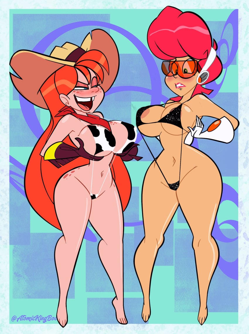 2girls artist_name atomickingboo blush blushing breasts bust busty cowgirl embarrassed freckles hips legs light-skinned_female light_skin lips lipstick long_hair lower_body macy_atomix nude_female original_character original_characters pompadour red-tinted_eyewear red_hair redhead rudy_roundup sling_bikini space space_girl the_space_angels thighs tinted_eyewear upper_body visor voluptuous western wide_hips wild_west