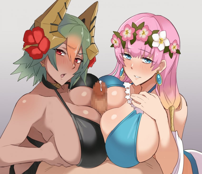 1boy 2girls aba_rano alternate_breast_size alternate_costume big_breasts bikini black_swimsuit blue_bikini blue_eyes blue_swimsuit breast_docking breasts censored chocolate_and_vanilla cum dark-skinned_female dark_skin double_paizuri earrings ffm_threesome fire_emblem fire_emblem_heroes green_hair gunnthra_(fire_emblem) gunnthra_(summer)_(fire_emblem) happy happy_paizuri happy_sex huge_breasts laegjarn_(fire_emblem) laegjarn_(summer)_(fire_emblem) large_breasts looking_at_viewer medium_hair multicolored_hair nintendo paizuri paizuri_lead_by_female paizuri_on_lap pink_hair precum red_eyes short_hair sideboob smile straight swimsuit symmetrical_docking teamwork threesome