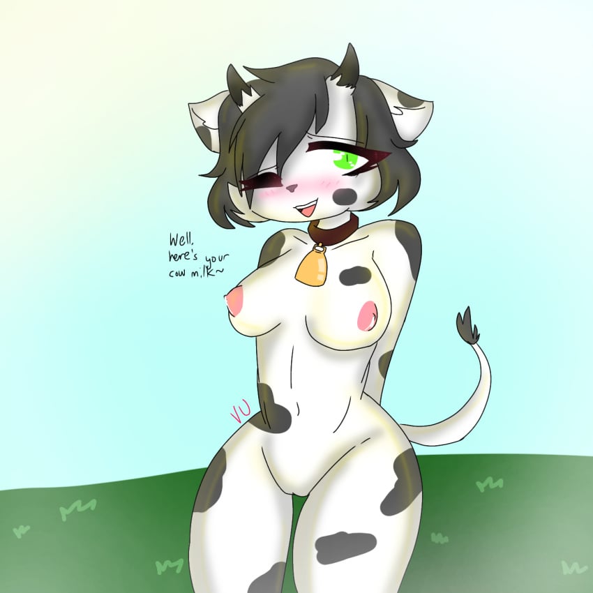 anthro bellybutton black_hair black_horn black_nose blush blushing_at_viewer bovine cow cow_tail cowbell cum_on_breasts dialogue ears_down grass green_eyes horn lactation legs_together long_tail looking_at_viewer nipples outdoors outside pink_nipples tail vu