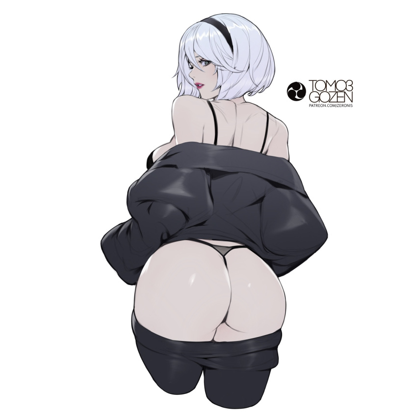 1girls ass ass_focus big_breasts bubble_butt female female_focus female_only looking_back nier nier:_automata panties pants_down short_hair solo solo_female solo_focus white_hair yorha_2b zeronis