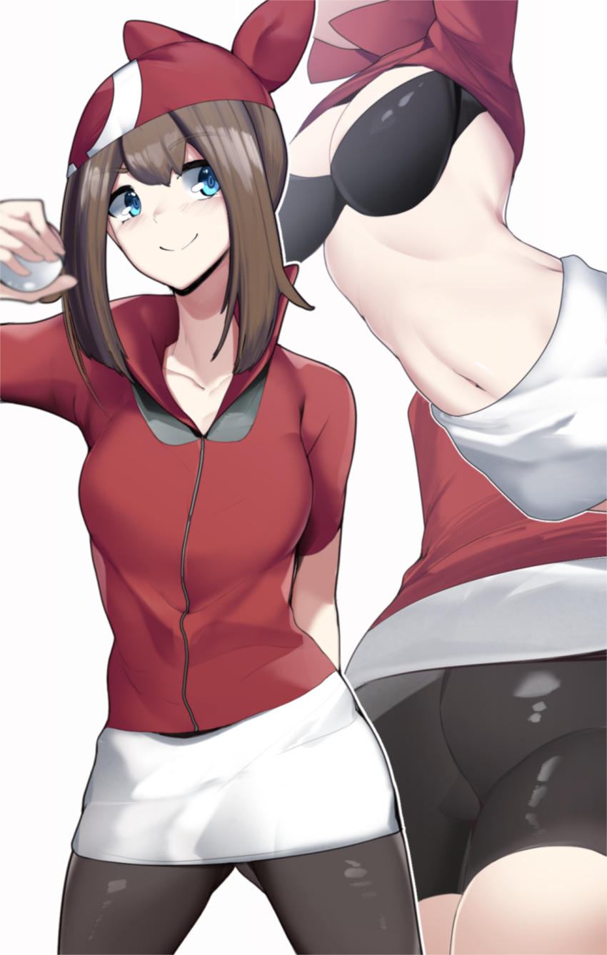 1girls alternate_version_available ass big_ass blue_eyes bra breasts brown_hair female may_(pokemon) medium_hair minishorts nintendo pale-skinned_female pale_skin pokemon pokemon_rse pubic_hair sha_(amfil100) shorts spandex_shorts thick_thighs thighs white_background