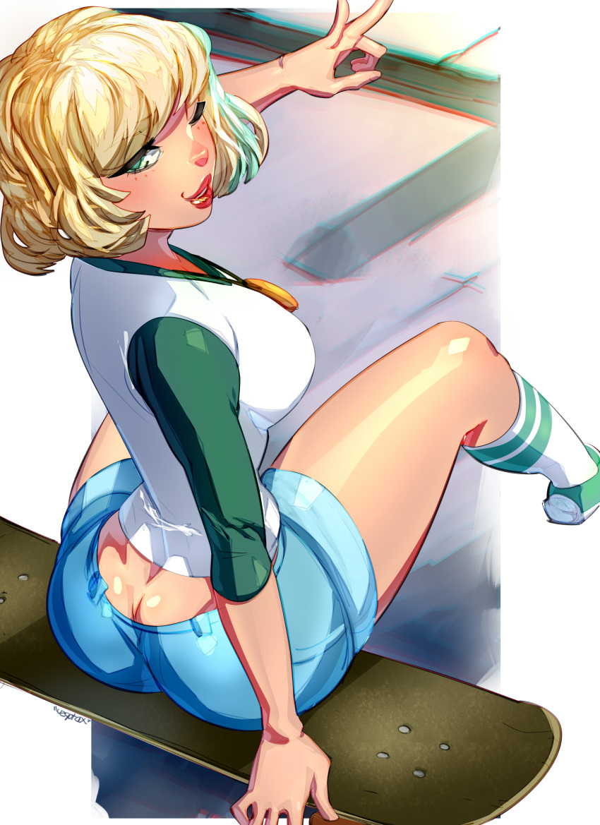 1girls arm_support ass back_view blonde_hair blush butt_crack clothed disney female female_only from_above green_eyes highres jackie_lynn_thomas pinup shiny_skin short_hair shorts sitting skateboard smile solo solo_focus star_vs_the_forces_of_evil stockings straight_hair two-tone_hair v wink xdtopsu01