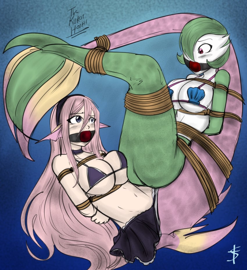 2girls anthro arms_behind_back ball_gag big_breasts blush bondage bound_arms brown_eyes dakuroihoshi drawing embarrassed eye_contact female female_only femsub fenrilhuayra gag gardevoir green_hair hands_behind_back looking_at_another mermaid mermaid_tail meroune_lorelei monster_musume_no_iru_nichijou multiple_girls multiple_subs pink_hair pokémon_(species) pokemon pokemon_(species) skirt tagme