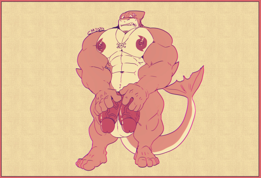 abs anthro biceps blush cursedmarked diphallia diphallism embarrassed fish genitals hi_res male male_only marine markshark multi_genitalia multi_penis muscular muscular_anthro muscular_male nipples pecs penis shark shark_tail solo