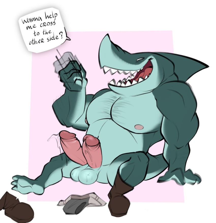 1boy 2020 albert_(spiritfarer) anthro balls belly diphallia diphallism doost english_text erection fish genitals hi_res humanoid_genitalia humanoid_penis male male_only marine moobs multi_genitalia multi_penis muscular muscular_male nipples overweight overweight_male penis shark sitting solo solo_male spiritfarer text