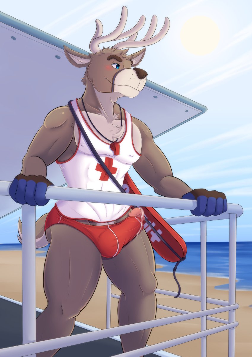 1boy absurd_res anthro antlers ball_bulge balls_under_clothes beach blue_eyes bodily_fluids brown_body brown_fur bulge cameltail cervid chest_tuft clothing erection fur genital_fluids genitals hi_res horn humanoid_genitalia humanoid_penis lifeguard lifeguard_tower male male_only mammal muscular muscular_anthro muscular_male outside pecs penis penis_bulge penis_out penis_under_clothes poking_out precum precum_drip precum_on_clothing public rescue_buoy sea seaside shirokoi shirt short_tail solo speedo swimwear tank_top topwear torpedo tuft wardrobe_malfunction water whistle