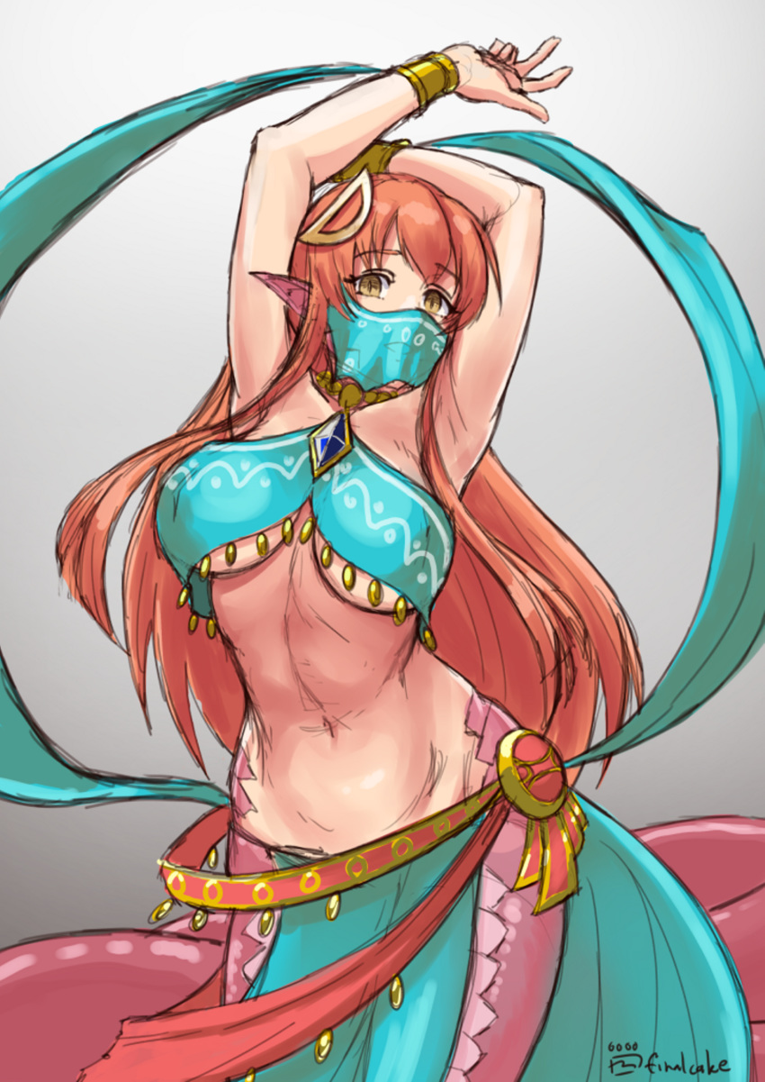 1girls amber_eyes arabian_clothes armlet arms_up belly belly_dancer belly_dancer_outfit bracelet cosplay curvy dancer dancer_outfit dancing female finalcake gerudo_outfit gerudo_top harem_girl harem_outfit jewelry lamia large_breasts loincloth long_hair looking_at_viewer miia_(monster_musume) monster_girl monster_musume_no_iru_nichijou pointy_ears red_hair ribbons snake_girl tail the_legend_of_zelda underboob veil voluptuous