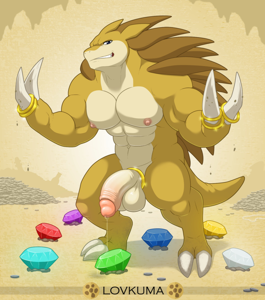 2020 2_fingers 2_toes abs accessory anthro balls biceps big_penis bodily_fluids chaos_emerald claws cock_ring digital_media_(artwork) fingers genital_fluids genitals grin hair hi_res humanoid_genitalia humanoid_penis jewelry looking_at_viewer lovkuma male male_only mammal muscular nintendo nipples pecs penis penis_accessory penis_jewelry pokémon_(species) pokemon pokemon_(species) precum_drip sandslash simple_background smile solo_male standing toes video_games