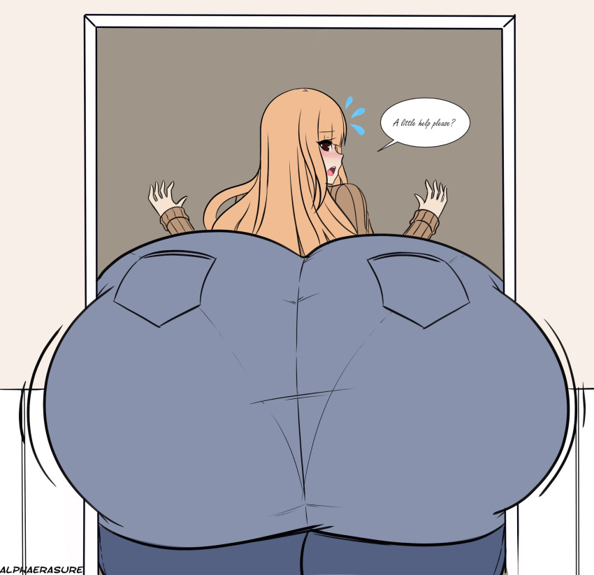 1girls akemiexpansions alphaerasure ass big_ass cream_hair denim english english_text female huge_ass hyper hyper_ass jeans large_ass long_hair looking_back massive_ass original original_character pantylines speech_bubble stuck stuck_in_door sweat text thick_ass tight_pants