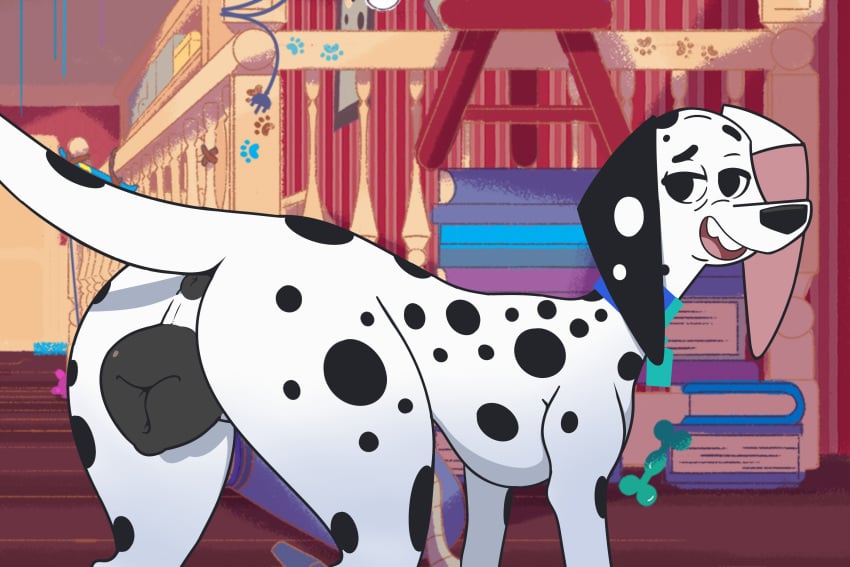 101_dalmatian_street 101_dalmatians 3:2 absurd_res canid canine canis dalmatian delilah_(101_dalmatians) disney domestic_dog female feral genitals hi_res hypergal mammal presenting presenting_pussy pussy solo thick_thighs