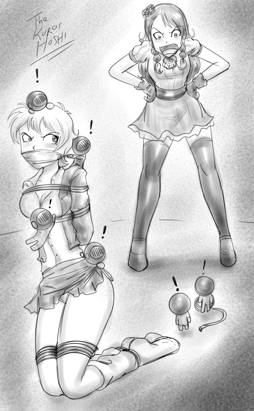 angry arms_behind_back bondage cvet_helconia_(oc) dakuroihoshi drawing femsub fenrilhuayra gag gagged hinamori_hazuka_(oc) kneeling knight monochrome original_character rope school_uniform schoolgirl short_hair short_skirt size_difference small_dom_big_sub tagme