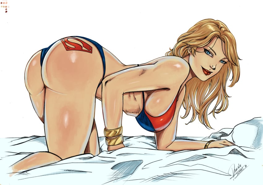 1girls 2019 ass_tattoo big_ass bikini blonde_hair blue_eyes bracelet bubble_butt curvy daniele_torres dc dc_comics female large_breasts long_hair looking_at_viewer mzta on_all_fours seductive supergirl superman_(series) thick_thighs voluptuous white_background