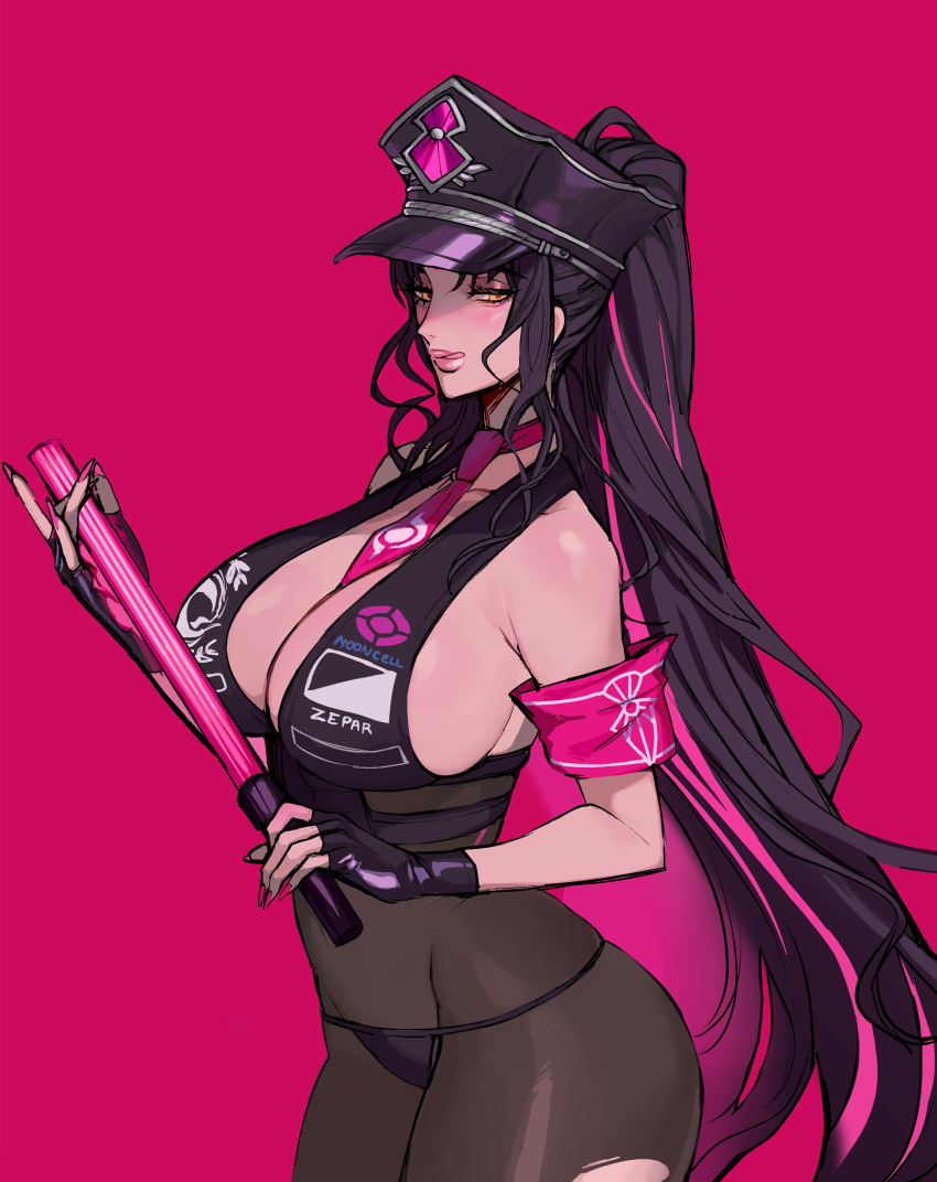 absurd_res armband big_breasts black_hair bodystocking cleavage_cutout clothing ennuigrl eyes_half_open fate/grand_order fate_(series) female female_focus female_only fingerless_gloves hat high_ponytail holding_object licking_lips looking_away necktie pink_background pink_hair pink_nails sesshouin_kiara sesshouin_kiara_(swimsuit_mooncancer)_(fate) side-tie_panties sideboob solo solo_female stick torn_bodystocking torn_bodysuit traffic_baton two_tone_hair very_long_hair yellow_eyes