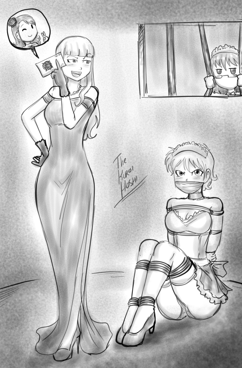 angry arms_behind_back black_and_white bondage choker dakuroihoshi drawing evening_gown fenrilhuayra gag gagged high_heels hinamori_hazuka_(oc) maid maid_headdress maid_outfit maid_uniform original_character rope short_hair tagme tape tied_up