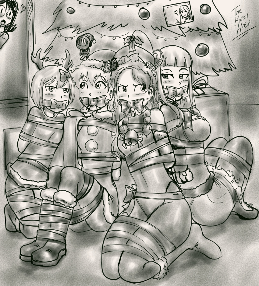 4girls arms_behind_back black_and_white bondage christmas christmas_outfit christmas_tree cvet_helconia_(oc) dakuroihoshi drawing female femsub fenrilhuayra gag hinamori_hazuka_(oc) multiple_girls multiple_subs original_character ribbon ribbon_bondage santa_costume tagme