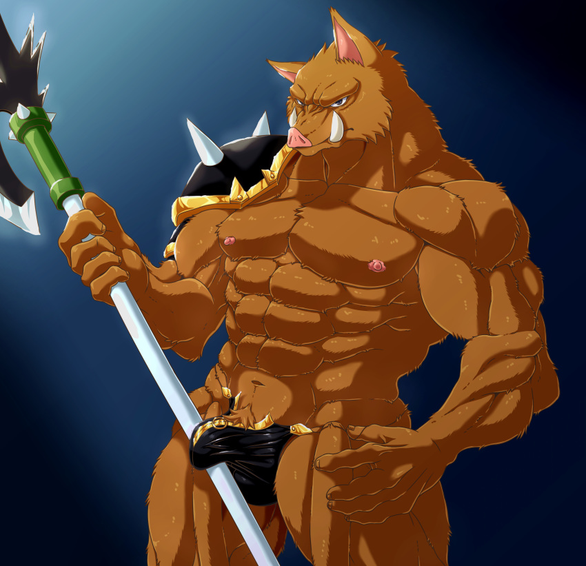 1boy abs absurd_res anthro biceps black_clothing broken_(artist) bulge clothed clothing fur hi_res holding_object holding_weapon looking_at_viewer male male_only mammal muscular muscular_male nipples pecs shoulder_guard solo suid suina sus_(pig) tusks weapon wild_boar