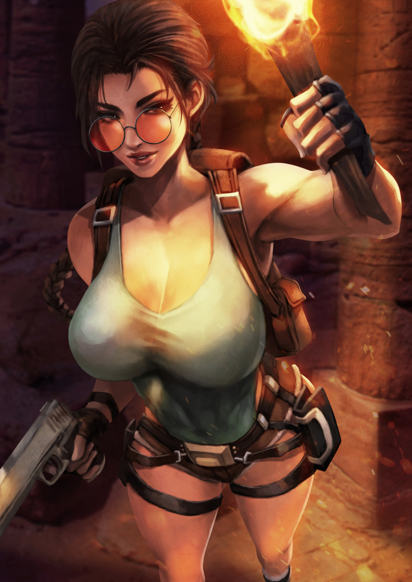 1girls backpack bag belt big_breasts boots braid brown_hair cleavage clothed deep_cleavage eyewear female female_only fingerless_gloves firearm footwear from_above gloves gun handgun handwear holster lara_croft lara_croft_(classic) long_hair looking_at_viewer looking_over_eyewear looking_over_glasses monorirogue pistol ponytail red-tinted_eyewear ruin satchel short_shorts single_braid smile solo solo_focus standing sunglasses thick_thighs thigh_strap tinted_eyewear tomb tomb_raider torch weapon