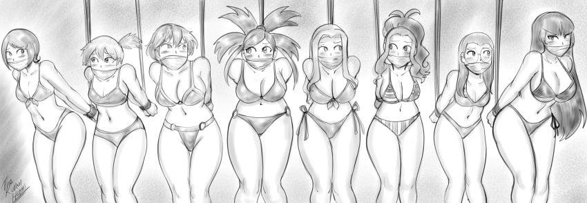 6+girls 8girls arms_behind_back bikini black_and_grey black_and_white bondage breasts crossover dakuroihoshi digimon digimon_adventure digimon_adventure_02 digimon_savers drawing female female_only femsub fenrilhuayra flannery_(pokemon) fujieda_yoshino gag gagged grayscale hikari_yagami hilda_(pokemon) human kasumi_(pokemon) mimi_tachikawa misty_(pokemon) miyako_inoue monochrome multiple_girls multiple_subs pokemon rope sabrina_(pokemon) swimsuit tagme tape tape_gag tied_up