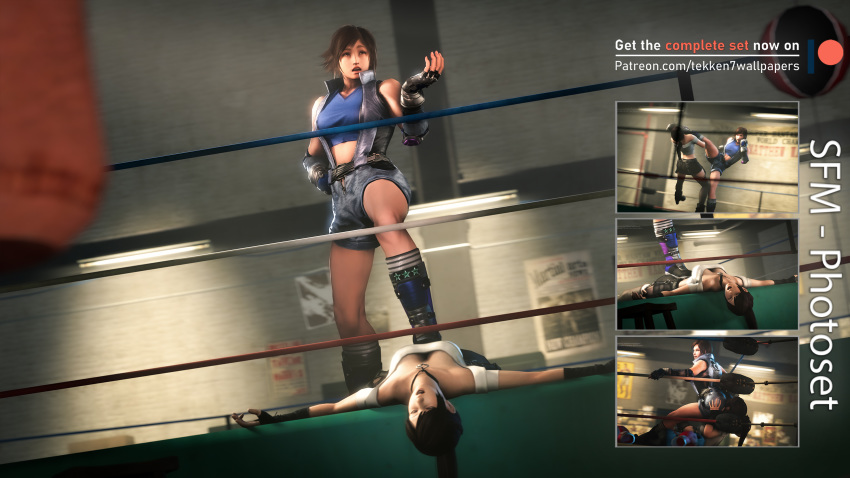 2girls 3d black_hair boots breasts brown_hair catfight cleavage crossover dead_or_alive dead_or_alive_5 defeat defeated dominated female female_domination female_with_female femdom fight fighting gloves hand_on_hip held_down helpless highres kazama_asuka kicking kokoro_(doa) lesbian lezdom midriff multiple_girls passed_out pinned ponytail restrained sensual short_hair shorts sitting sitting_on_person submissive tekken tekken7wallpapers tekken_7 wrestling wrestling_ring wrestlingryona yuri