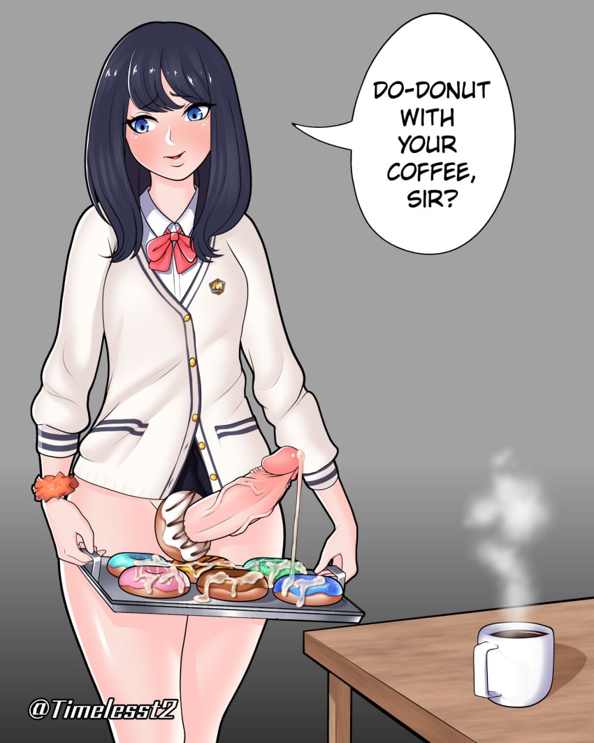 1futa 1girls averting_eyes black_hair blue_eyes blush bodily_fluids clothed clothing cock_ring coffee coffee_mug cum cum_on_food dialogue donut doughnut dripping_cum food futa_only futanari genital_fluids genitals hair intersex jacket long_hair partially_clothed penis serving_tray simple_background solo solo_futa ssss.gridman takarada_rikka thick_thighs timeless-t veiny_penis waiter