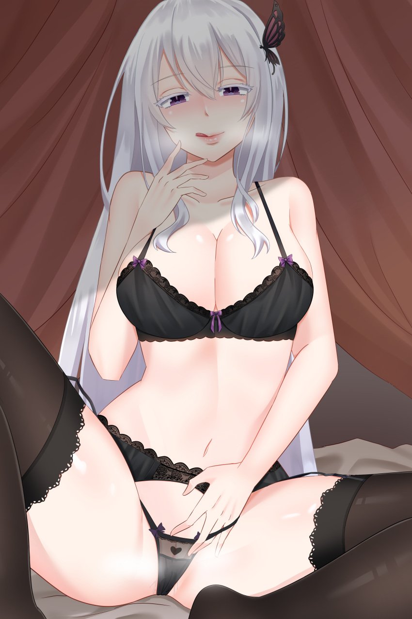 big_breasts black_bra black_legwear black_panties blush bra butterfly_clip butterfly_hair_ornament echidna_(re:zero) female hair_between_eyes hairclip heavy_breathing highres licking_lips lips long_hair looking_at_viewer navel panties partially_clothed presenting presenting_pussy purple_eyes pussy re:zero_kara_hajimeru_isekai_seikatsu see-through_panties silver_hair smile smug solo_female spread_legs stockings tongue_out underwear underwear_only white_hair