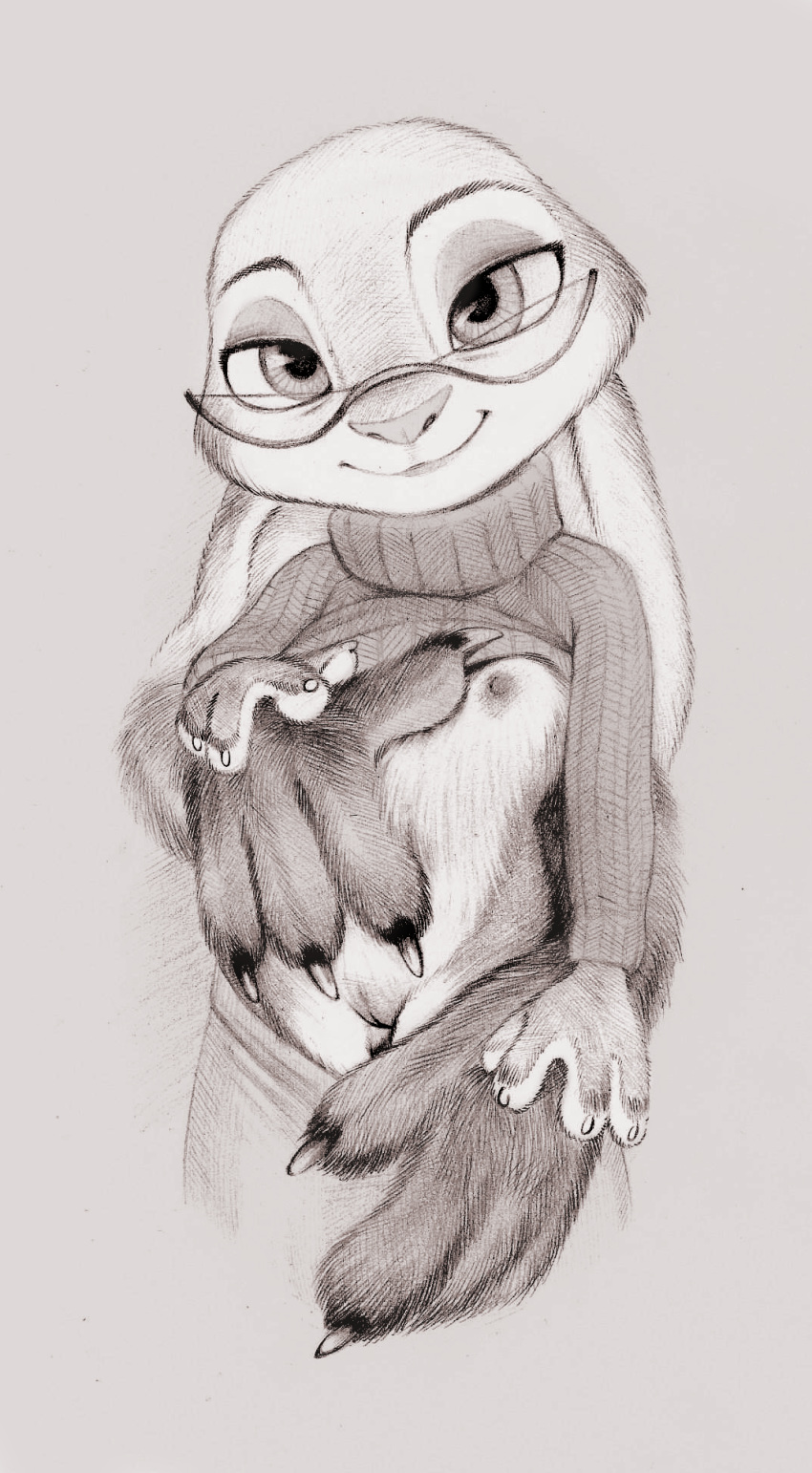 4_fingers ambiguous_gender ambiguous_species anthro caress claws clothed clothing disembodied_hand disney duo ears_down female female/ambiguous fingers flat_chest flat_chested fuchs genitals glasses half-closed_eyes hi_res lagomorph leporid mammal monochrome narrowed_eyes nipples partially_clothed pivoted_ears pussy rabbit rinehart_nye_(wynn) simple_background size_difference sketch smaller_female sweater sweater_lift topwear traditional_media_(artwork) undressing undressing_partner violet_hopps zootopia