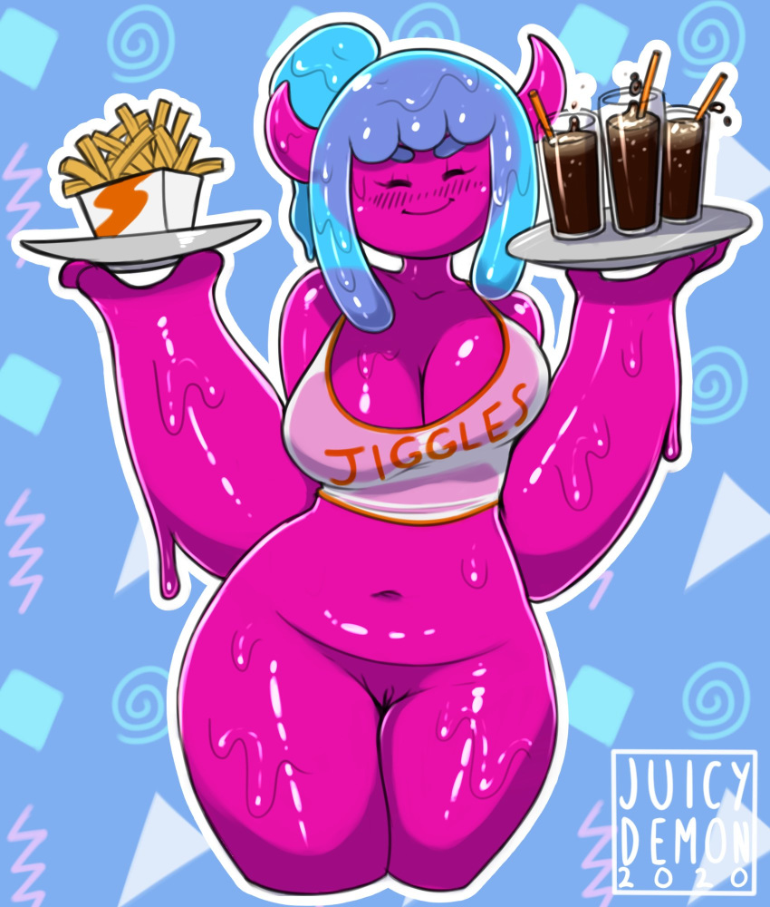 2020 blue_hair blush breasts closed_eyes female goo_creature goo_humanoid hair hi_res humanoid jam_(character) juicydemon purple_body purple_breasts smile solo