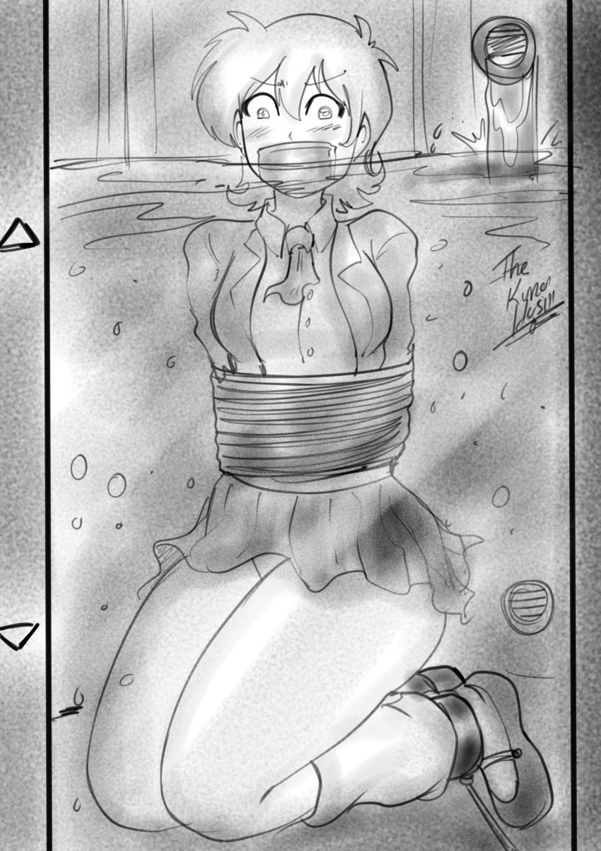 bondage bound bound_ankles bound_arms dakuroihoshi drawing drowning female female_only femsub fenrilhuayra gag gagged helpless hinamori_hazuka_(oc) in_water monochrome on_knees original_character peril restrained rope rough_sketch scared school_uniform schoolgirl short_hair solo tagme tape tape_gag taped_mouth tied_up trapped underwater water