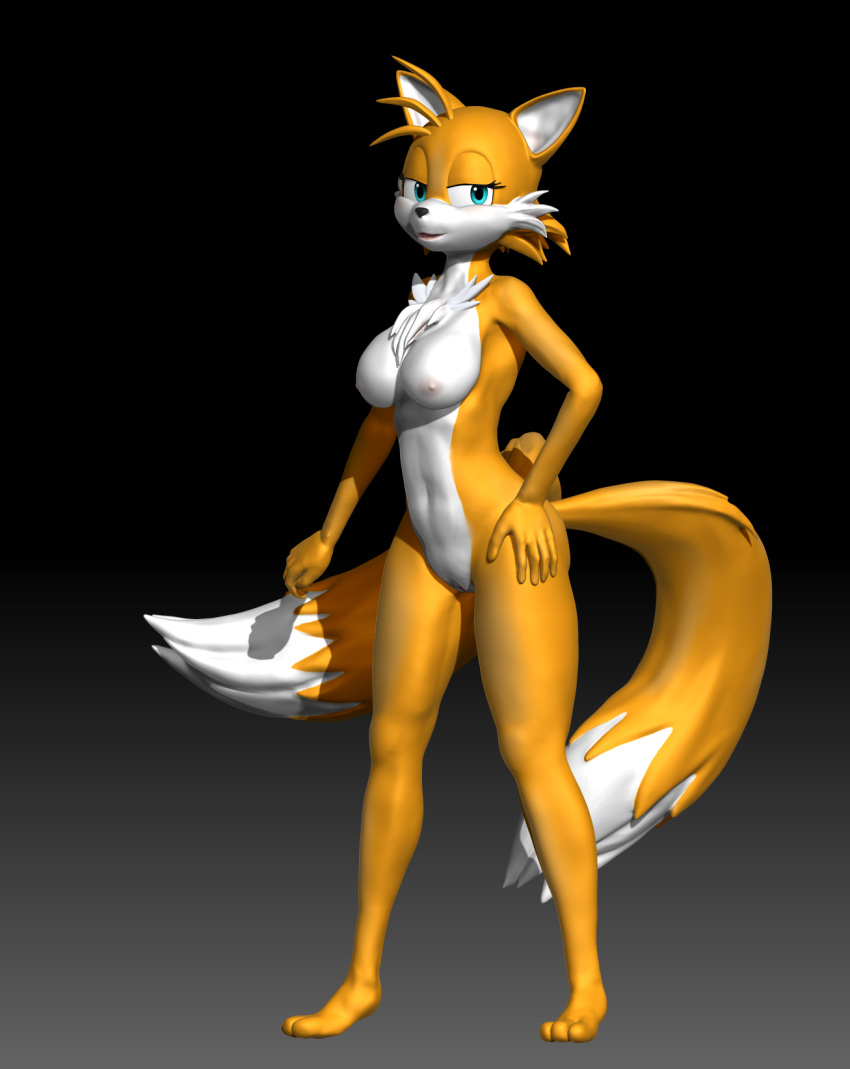 3d anthro blue_eyes breasts canid canine chest_tuft cowlick female fox fur genderswap genitals hair hi_res kiler_artist laservega looking_at_viewer mammal multi_tail multicolored_body multicolored_fur nude orange_body orange_fur pussy rule_63 simple_background smiling_at_viewer solo sonic_(series) sonic_the_hedgehog_(series) tails tailsko tuft white_body white_fur