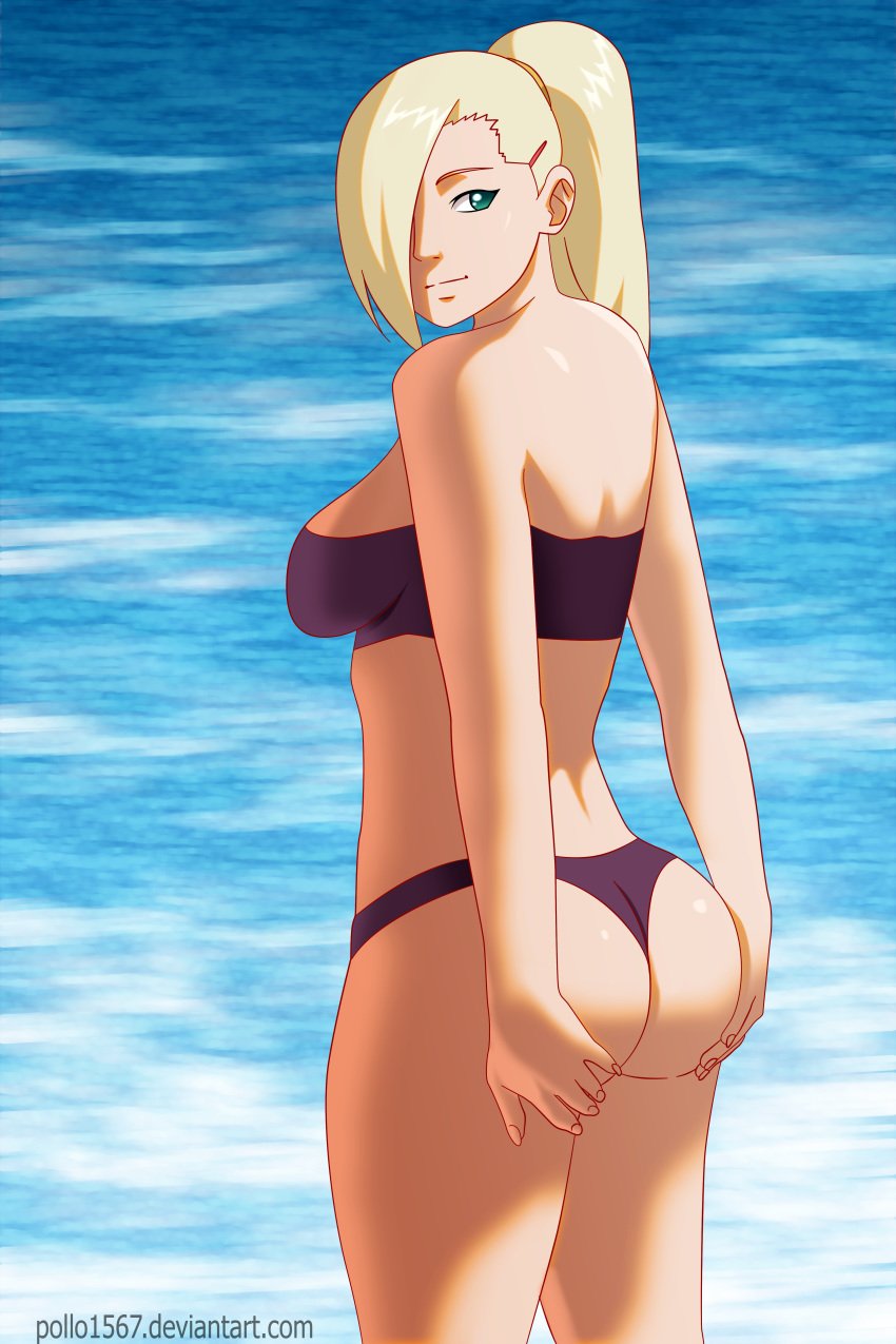 1girls 5_fingers artist_name ass ass_grab ass_support bare_shoulders bikini blonde_hair blue_eyes breasts clothed clothed_female clothes clothing color colored dat_ass day english english_text female female_focus female_only fully_clothed grabbing_own_ass green_eyes hair_over_one_eye hairclip hand_on_ass hands_on_ass hi_res human human_only ino_yamanaka light-skinned_female light_skin long_hair looking_at_viewer looking_back naruto naruto_(series) naruto_shippuden ocean open_eyes outdoors outside pollo1567 ponytail purple_bikini revealing_clothes simple_background solo swimsuit text tied_hair url very_high_resolution very_long_hair water web_address