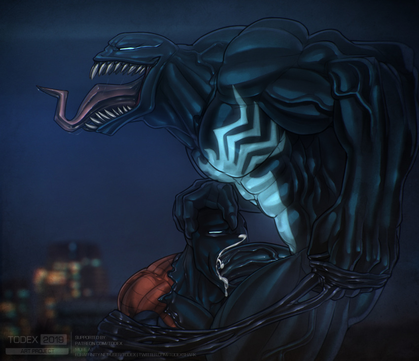 2019 2boys abs big_penis bodily_fluids bound city cum cum_in_mouth cum_inside duo fellatio forced gay genital_fluids genitals glowing glowing_eyes hi_res human humanoid male male/male male_only mammal marvel marvel_comics muscular muscular_male oral orgasm outside pecs penile penis sex smooth_skin spider-man spider-man_(series) symbiote text todex tongue tongue_out url vein veiny_penis venom venom_(marvel) watermark yaoi