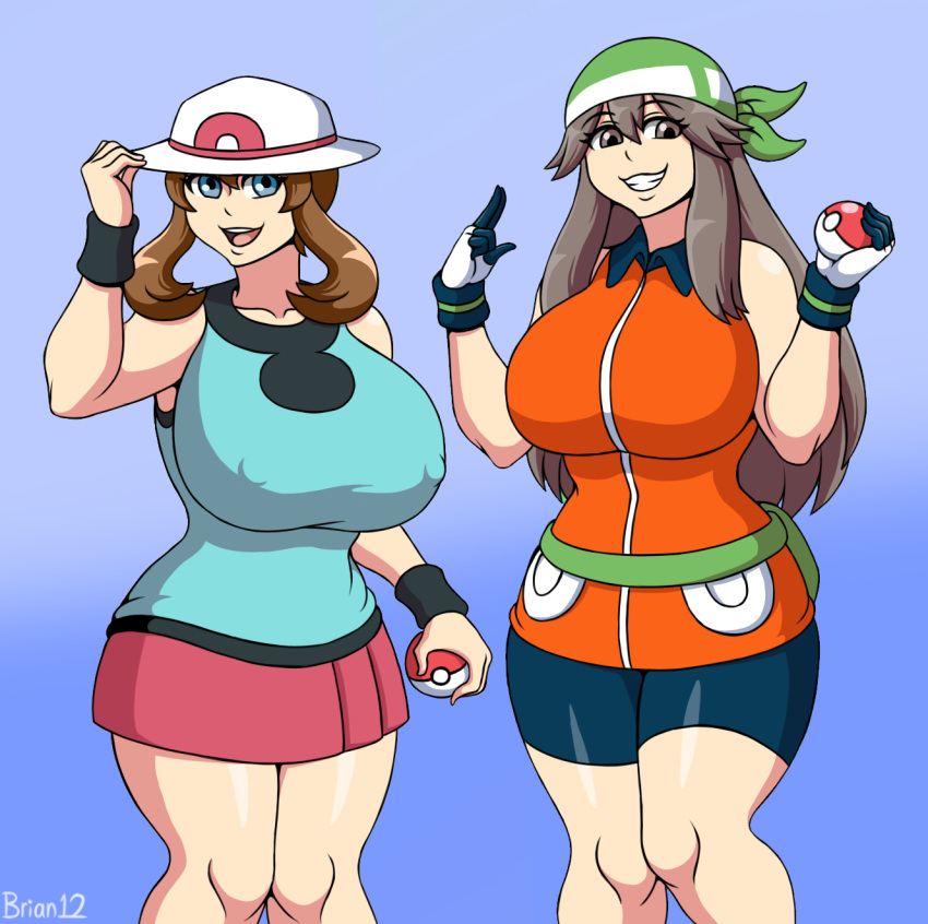 2girls big_breasts blue_eyes blush brian12 brown_hair clothes_swap clothing_swap cosplay female female_only hat huge_breasts large_breasts leaf_(pokemon) leaf_(pokemon)_(cosplay) looking_down may_(pokemon) may_(pokemon_emerald)_(cosplay) medium_hair nintendo pale-skinned_female pale_skin pokeball pokemon pokemon_rgby pokemon_rse shorts skirt spandex_shorts thick_thighs thighs wide_hips