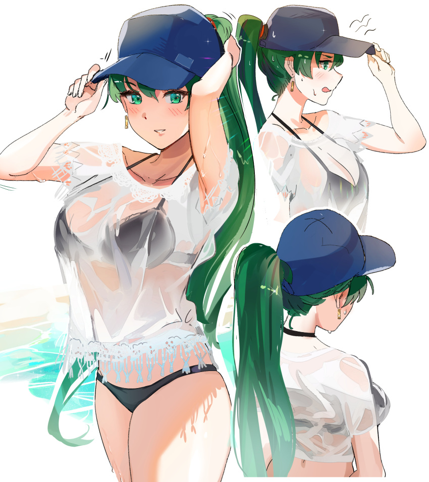 1girls absurdres asymmetrical_bangs bangs baseball_cap bikini black_bikini blue_headwear blush breasts earrings female fire_emblem fire_emblem:_the_blazing_blade green_eyes green_hair hat high_ponytail highres jewelry large_breasts long_hair looking_at_viewer lyn_(fire_emblem) lyndis_(fire_emblem) multiple_views nintendo ormille ponytail see-through shirt smile swimsuit thighs wading water wet wet_clothes wet_shirt wet_t-shirt white_background