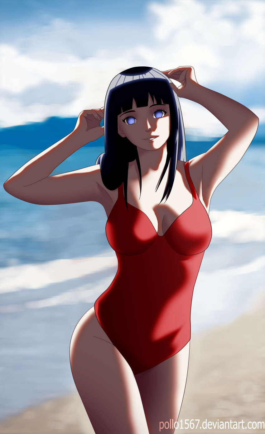 1girls artist_name beach big_breasts black_hair blue_eyes blue_hair blurry_background breasts cleavage clothed clothed_female clothes clothing color colored dark_blue_hair dark_hair day deviantart english english_text facing_viewer female female_only fully_clothed human human_only hyuuga_hinata light-skinned_female light_skin long_hair looking_at_viewer naruto naruto_(series) naruto_shippuden ocean one-piece_swimsuit outdoors outside pollo1567 posing purple_eyes red_one-piece_swimsuit red_swimsuit sand smile smiling smiling_at_viewer solo standing swimsuit text url water web_address wide_hips