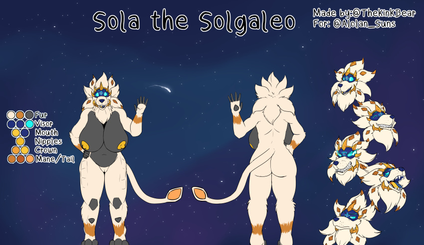 5_fingers absurd_res anthro blue_eyes breasts clenched_teeth female fingers flaming_eyes gesture glowing glowing_eyes hi_res looking_at_viewer mane model_sheet nintendo nude pokemon shooting_star sola_(alolan_suns) solgaleo solo space teeth text thekinkybear video_games waving