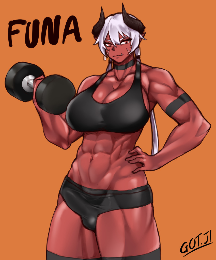 1futa absurd_res balls big_breasts big_penis breasts bulge cleavage clothed clothing demon demon_girl erection erection_under_clothes fully_clothed futa_only futanari gojich1 humanoid muscular muscular_futanari penis red_skin short_hair shorts solo standing weightlifting weights white_hair