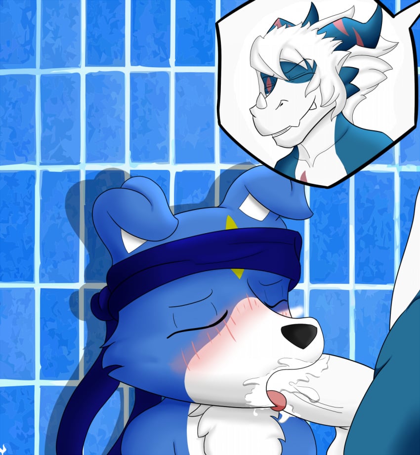 anthro band blue_body blue_fur blue_scales blush canid canine canis closed_eyes demon digimon digimon_(species) digital_media_(artwork) domestic_dog dracky_the_gaomon dragon duo facial_markings fangs fur gaomon genitals hair head_markings hi_res horn humanoid magnamon male male/male mammal markings oral oral_penetration orgasm orgasm_face penetration penis scale scales scar sveemon tongue white_body white_fur white_hair white_penis