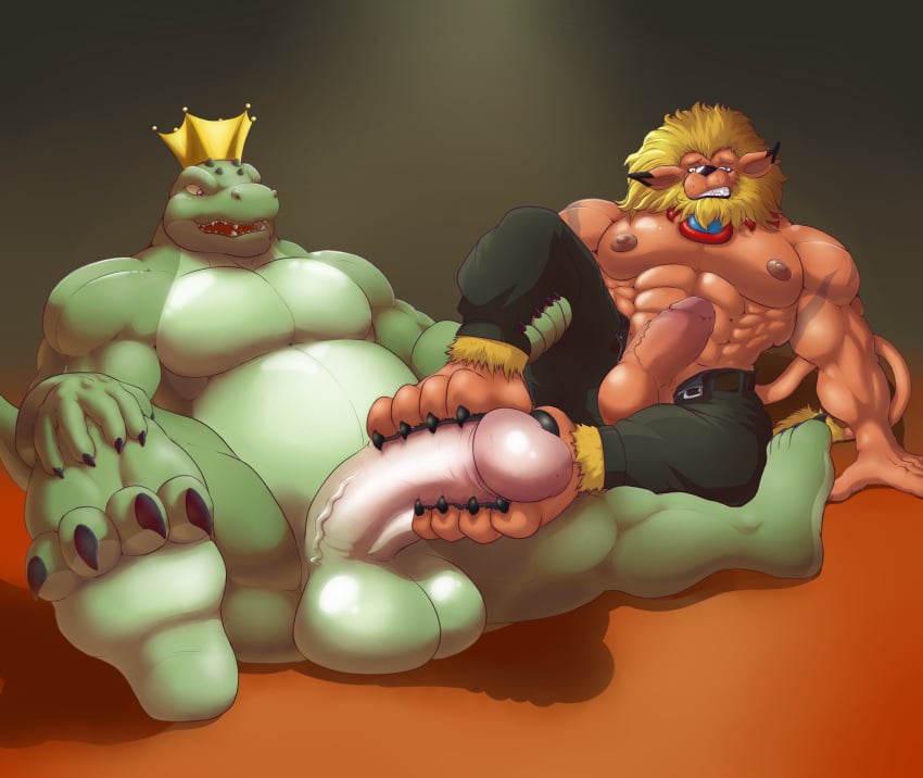 absurd_res anthro balls big_balls big_penis bottomwear clothed clothing crocodile crocodilian crocodylid crown digimon digimon_(species) duo feet felid foot_fetish foot_play footjob gay genitals hi_res huge_cock huge_filesize leomon lion male male/male male_only mammal open_bottomwear open_clothing open_pants pantherine pants penis reptile scalie sex x-zudomon yaoi