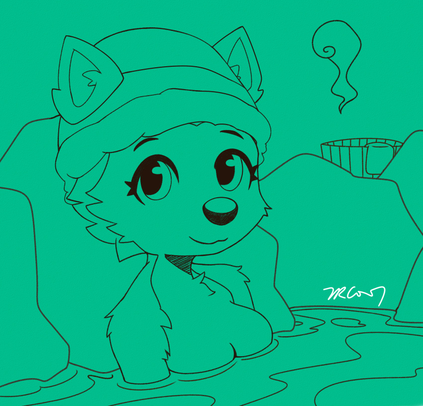anthro breasts canid canine canis clothing domestic_dog everest_(paw_patrol) female fur green_background hat headgear headwear hi_res hot_spring husky looking_at_viewer mammal monochrome nordic_sled_dog nude paw_patrol smile solo spitz steam trc001 water