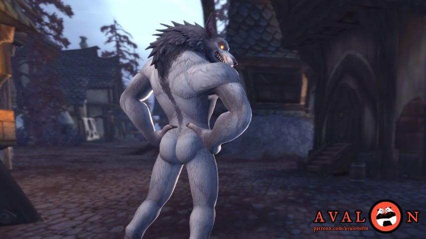 16:9 2019 3d anthro ass avalonsfm blizzard_entertainment canid canid_humanoid canine digital_media_(artwork) fur furry male male_only nude solo text warcraft werewolf worgen world_of_warcraft yellow_eyes