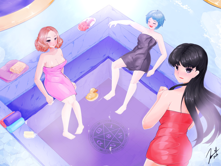 3girls amagi_yukiko areola_slip bathhouse black_hair black_towel blue_hair brown_hair female female_only fuuka_yamagishi haru_okumura megami_tensei multiple_girls nipple_slip persona persona_3 persona_4 persona_5 pink_towel red_towel sauna shin_megami_tensei towel yamagishi_fuuka