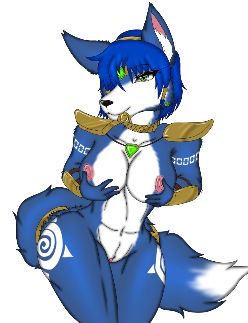 absurd_res anthro blue_body blue_fur canid canine female female/female fox fur gesture hi_res krystal mammal mccloud nintendo nude solo star_fox suggestive suggestive_gesture suggestive_look suggestive_posing video_games wolfeddown