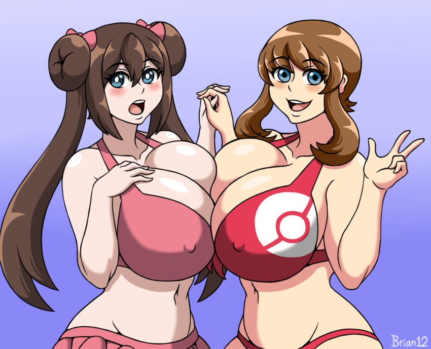 2girls alternate_breast_size big_breasts bikini bikini_bottom bikini_top blue_eyes blush breast_to_breast breasts breasts_bigger_than_head brian12 brown_hair double_bun eye_contact female female_only huge_breasts human human_only large_breasts long_hair looking_at_viewer looking_down may_(pokemon) medium_hair multiple_females multiple_girls nintendo pale-skinned_female pale_skin pokemon pokemon_bw2 pokemon_rse ribbon rosa_(pokemon) skin_tone_difference skirt twintails wide_hips