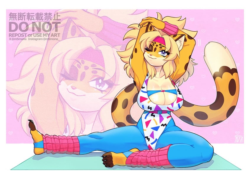 1girls 2024 80's_theme big_breasts blue_eyes breasts cheetah cheetah_ears cheetah_girl cheetah_tail chinese_text claws do_not_repost english_text excercise eyelashes feline female female_only furry furry_only hairband heart huge_breasts inner_ear_fluff instagram_username looking_at_viewer m5mona one_eye_closed orange_body signature sportswear spotted_body stretching tail twitter_username yellow_fur yellow_hair