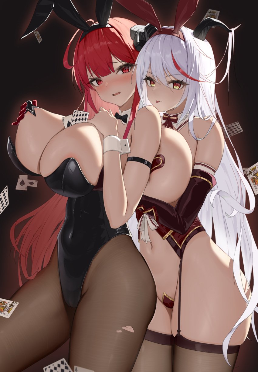 2girls aegir_(azur_lane) animal_ears areola_slip azur_lane bare_shoulders between_breasts black_horns black_leotard black_pantyhose blep bow bowtie breasts bunny_ears bunnysuit cleavage covered_navel covered_nipples curled_horns demon_girl demon_horns elbow_gloves fake_animal_ears female garter_straps gloves grabbing grabbing_another's_breast hair_between_eyes hair_on_horn heart_pasties highres hindenburg_(azur_lane) hindenburg_(delirious_duel)_(azur_lane) horns huge_breasts large_breasts leotard long_hair looking_at_viewer maebari multicolored_hair navel ningri_(lianyungangwyz) nipple_tweak official_alternate_costume pantyhose pasties playboy_bunny pointy_ears rabbit_ears red_eyes red_hair skindentation solo star_pasties streaked_hair thighhighs tongue tongue_out torn_clothes torn_pantyhose two-tone_hair very_long_hair white_hair yellow_eyes