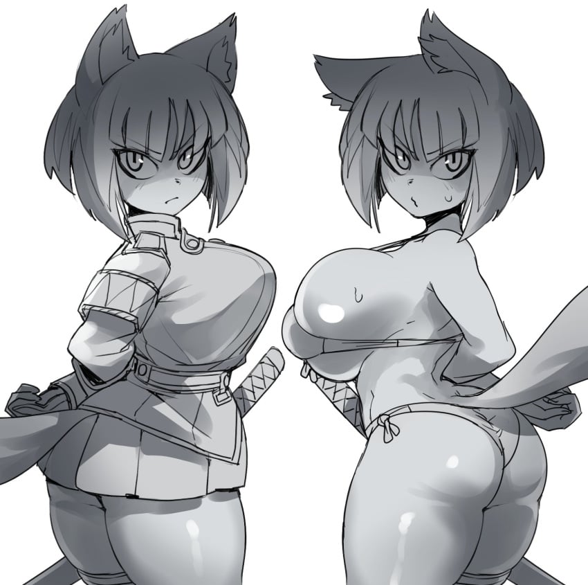 animal_ears animal_humanoid asagi_(bombergirl) ass big_breasts bikini blue_hair blue_tail blush bob_cut bodily_fluids bombergirl breasts canid canid_humanoid canine canine_humanoid digital_media_(artwork) dizzyspells female hudson_soft huge_breasts human humanoid inner_ear_fluff kemonomimi konami mammal mammal_humanoid short_hair shortstack solo solo_focus swimsuit sword tail tuft wolf_girl wolf_humanoid