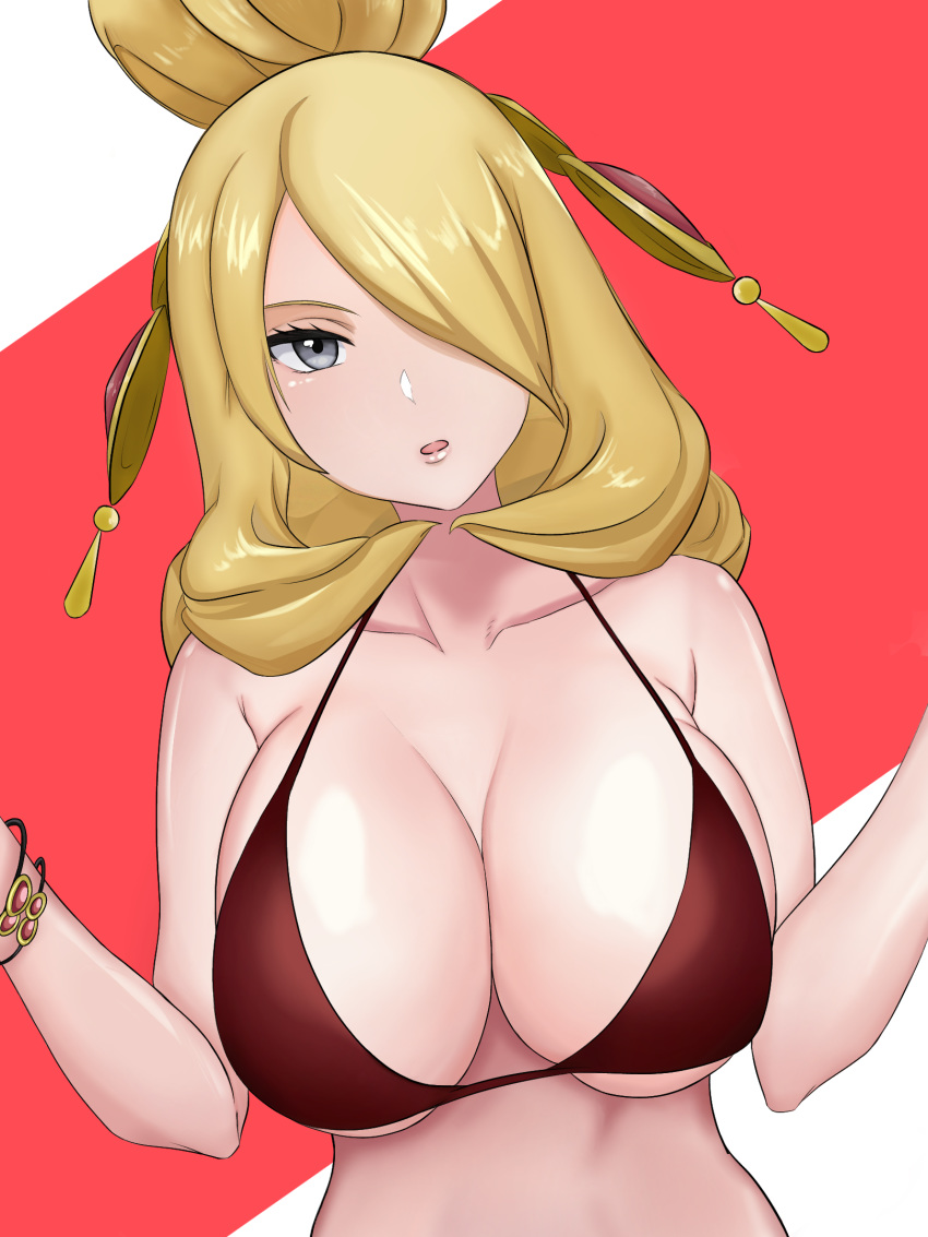 1girls alternate_costume alternate_hairstyle big_breasts blonde_hair champion cynthia_(pokemon) eye_contact female grey_eyes huge_breasts kazukine large_breasts looking_at_viewer nintendo pale-skinned_female pale_skin pokemon pokemon_dppt pokemon_masters pokemon_masters_ex sygna_suit_cynthia