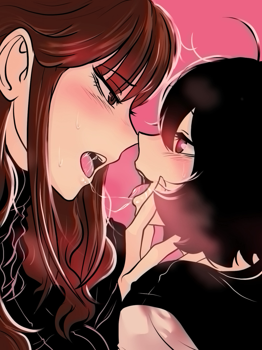 2girls after_kiss black_hair blush brown_eyes brown_hair commentary_request highres korean_commentary multiple_girls open_mouth original pink_background saliva saliva_trail spoiledmuffin sweat teeth tongue upper_teeth_only yuri